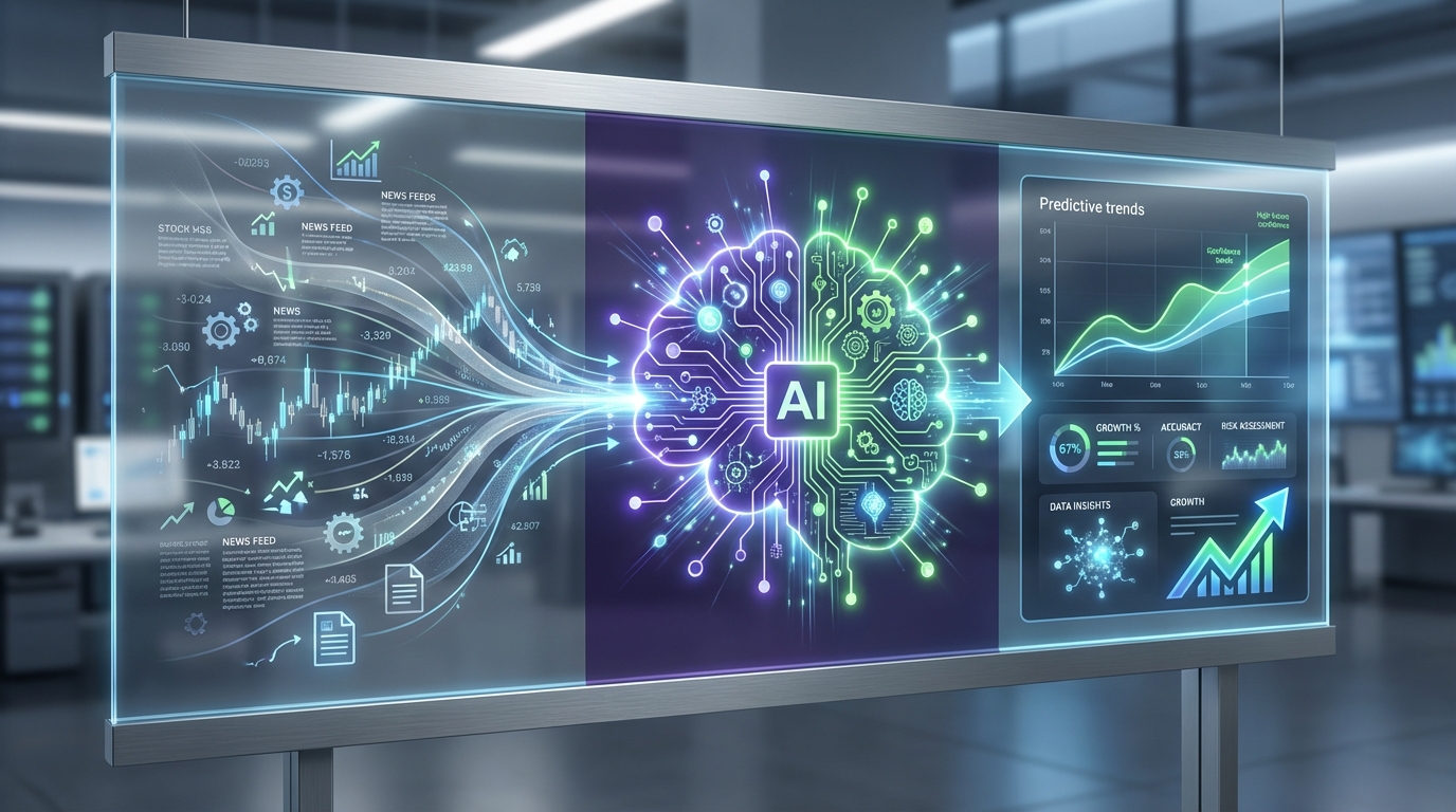 An infographic showing how AI transforms financial forecasting. Raw financial data (charts, numbers) flows into a central glowing AI neural network, which then outputs precise, upward-trending predictive financial forecast graphs and insights.
