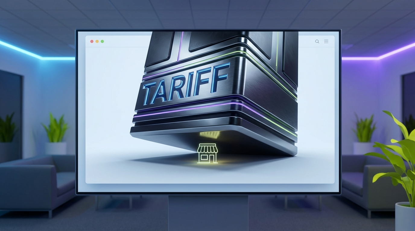 An illustration showing a tiny, modern, stylized small business icon being crushed or struggling under a massive, abstract, geometric block labeled 'TARIFF,' visually representing the disproportionate burden of tariffs.