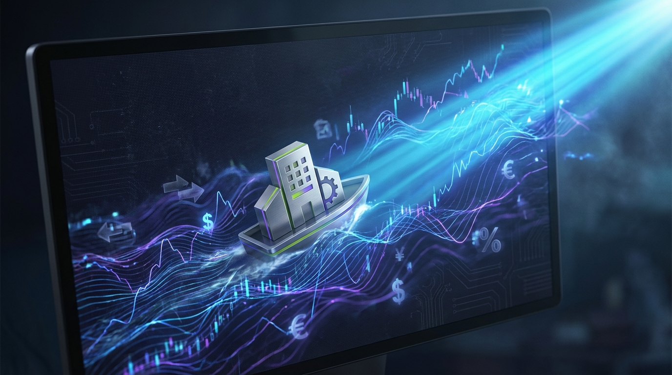A modern digital illustration showing a small business icon navigating turbulent economic waters made of data and financial symbols, with a bright digital light guiding its path forward.