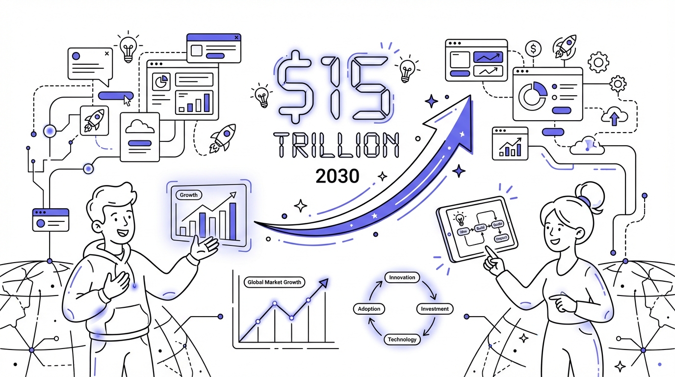 Infographic displaying '$15 Trillion' and '2030' with an upward growth arrow on a high-tech, glowing background, symbolizing a projected economic boost.